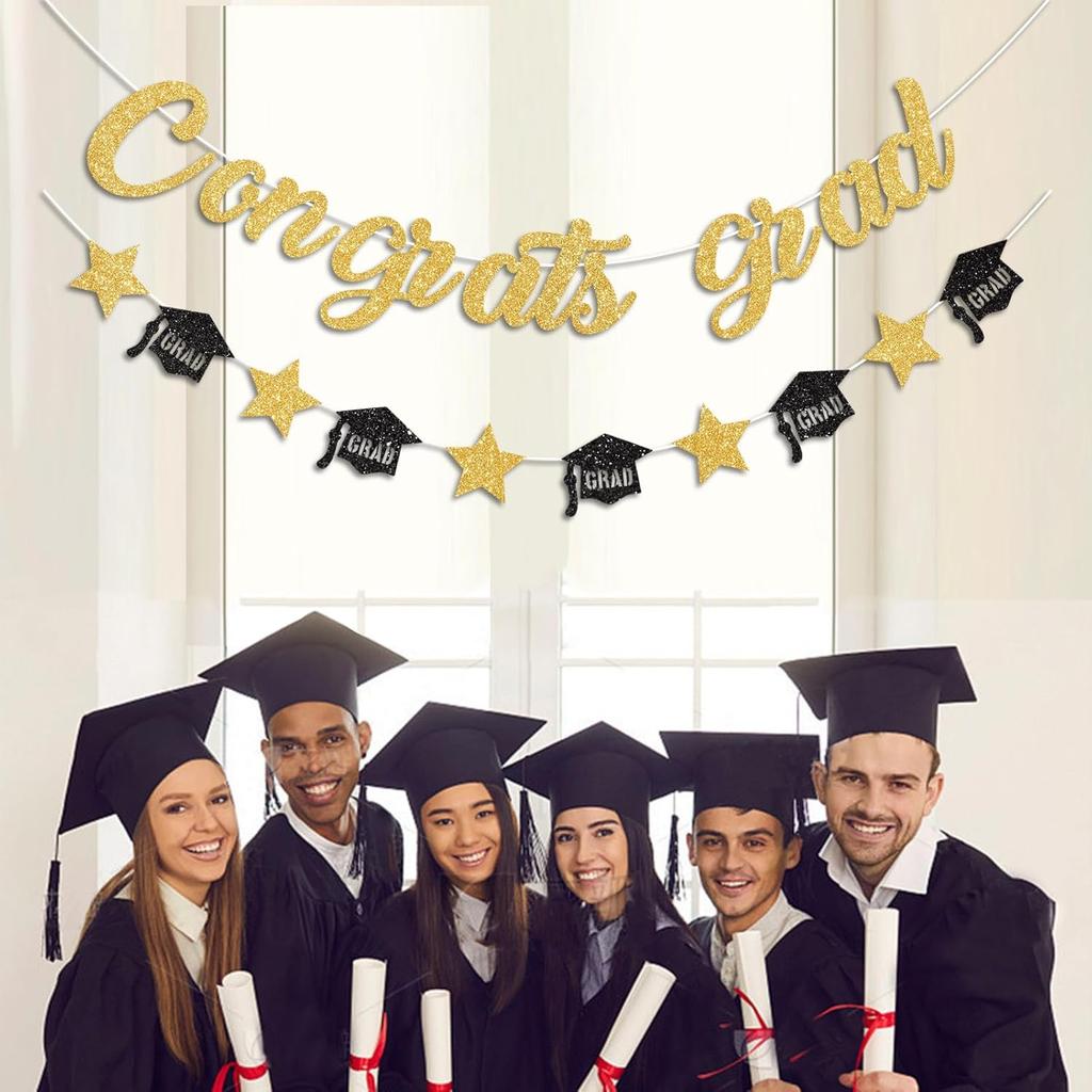 Gold Congrats Grad Banner Glitter Graduation Banner for Graduation Decorations Class of 2026 Party Supplies