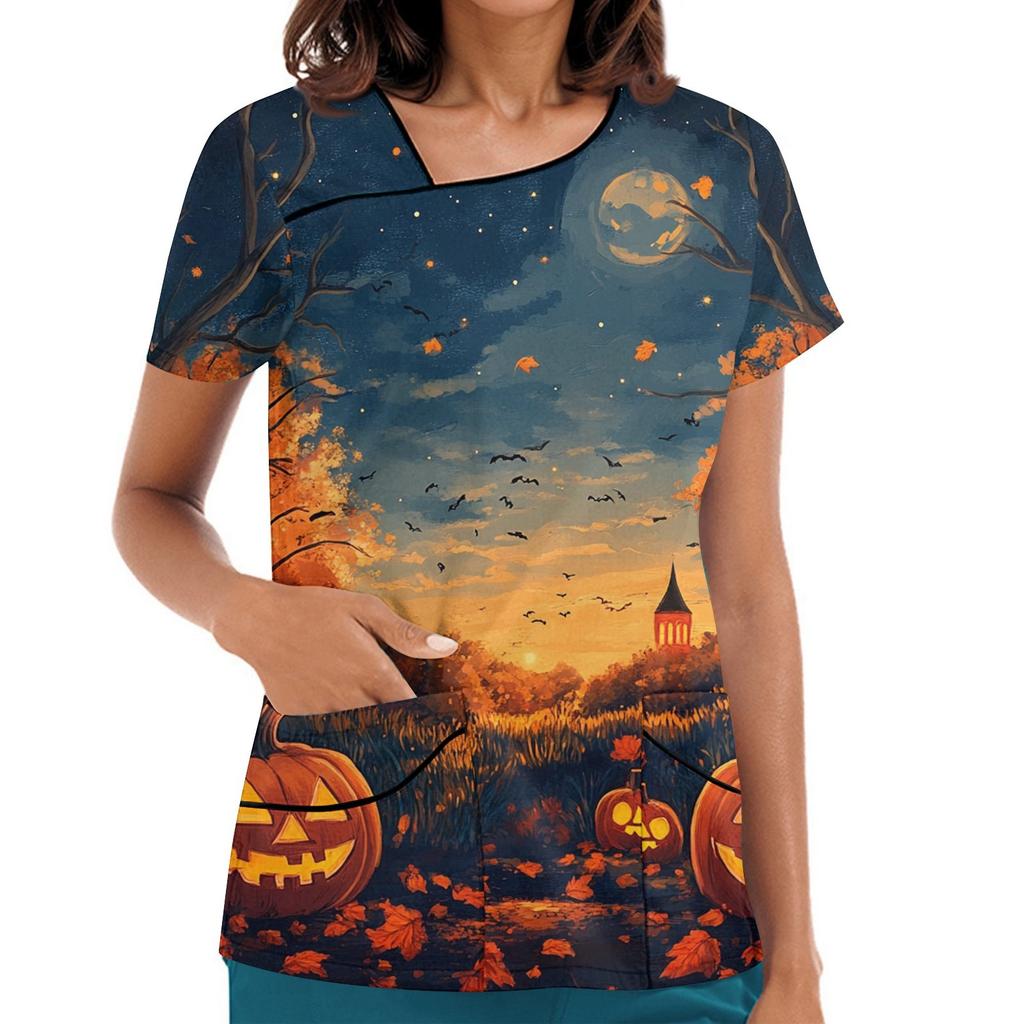 Dámské potištěné pracovní oblečení, šikmý límec a dvojité kapsy, základní top pulovr