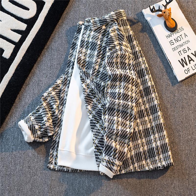 

Autumn and winter velvet warm small fragrant jacket men s trendy brand ruffian handsome casual contrasting color plaid shirt woolen jacket M