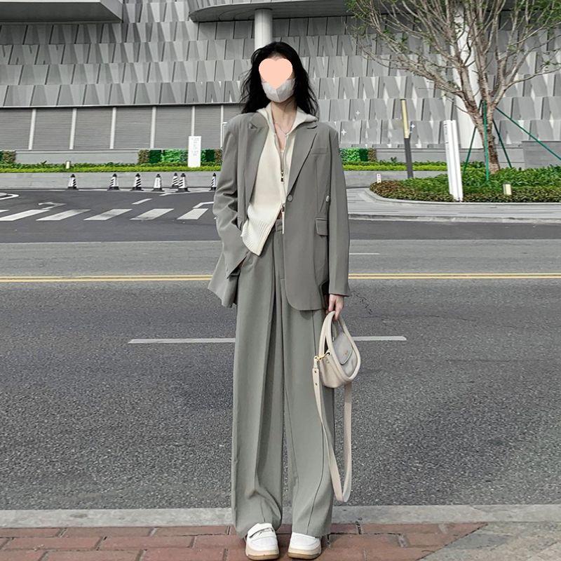 Petite Women's Gray Blazer Jacket Two-Piece Set - 2025 Spring & Autumn Loose Casual Suit