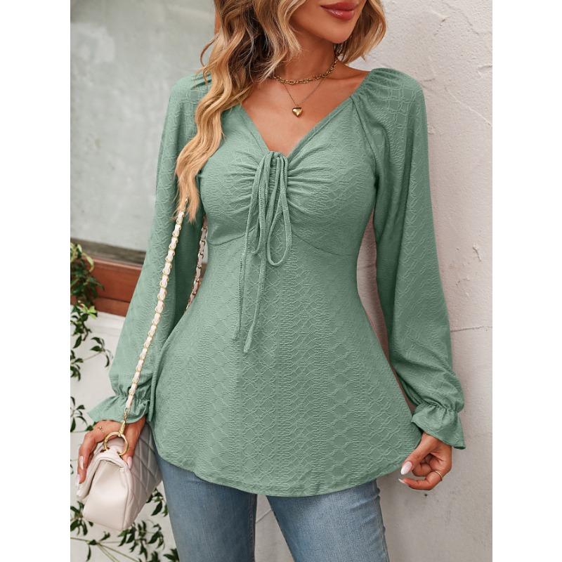 YYFS Women's Fashion Casual Spring Fall Solid Color Print Long Sleeve V-Neck Blouses & Shirts