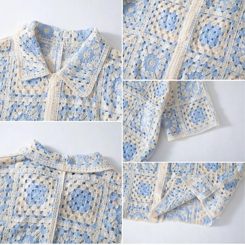 Men's Casual Button Down Shirt Vintage Knitted Golf Beach Collared Shirts Tops Crochet Hollow Out Summer Vacation Top Knit Short Sleeve Shirt for Men