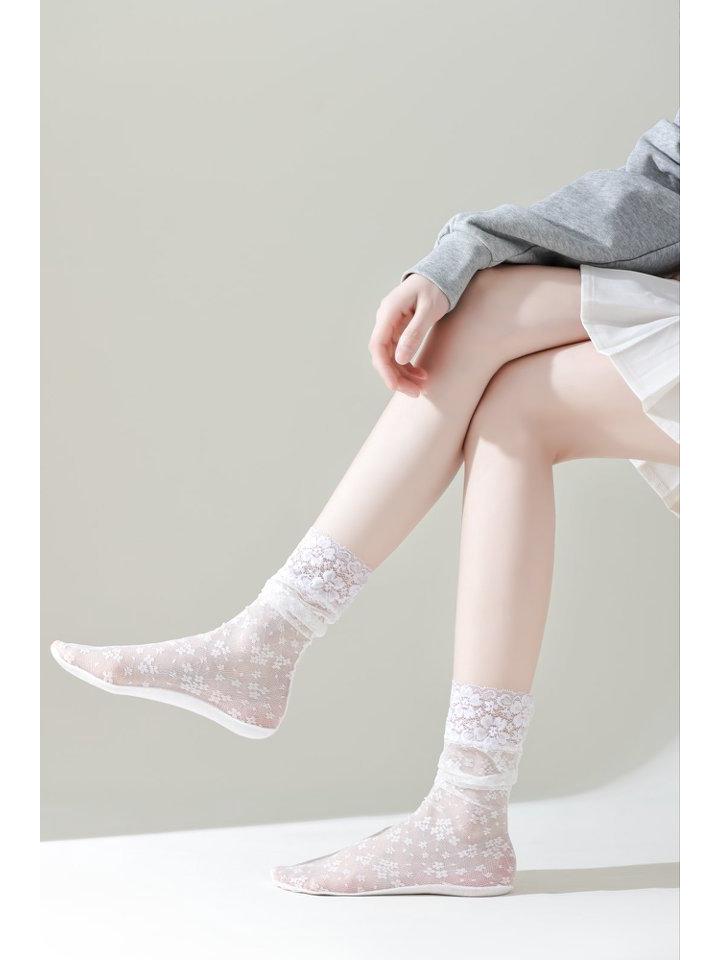 Women's Summer Thin Cotton Lace Trim Over-the-Knee Socks - Breathable Fishnet Gauze