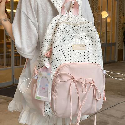 Cute Sweet Girl Backpack Female Korean College Style Bow Polka Dot Backpack Student Commuting Class Schoolbag