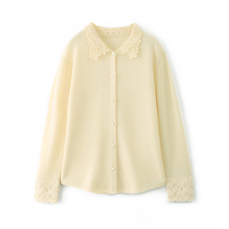 100% Mercerized Wool Crochet Lace Polo Collar Casual Versatile Knit Cardigan for Women