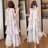 French purple floral neck cake skirt women's summer vacation style design sense niche medium and long sleeveless dress