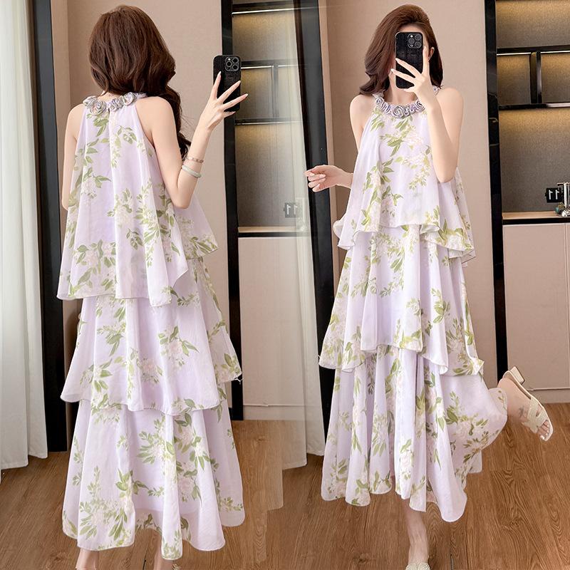 French purple floral neck cake skirt women's summer vacation style design sense niche medium and long sleeveless dress