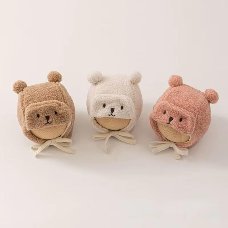 Cartoon Bear Baby Ear Protection Hat Winter Warm Lamb Wool Earmuff Cap for Infant Boy Girl Solid Color Cartoon Kids Beanie Caps