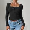 Women's Casual V-neck Buttoned Sexy Slim Ribbed Knit Long-sleeve Top