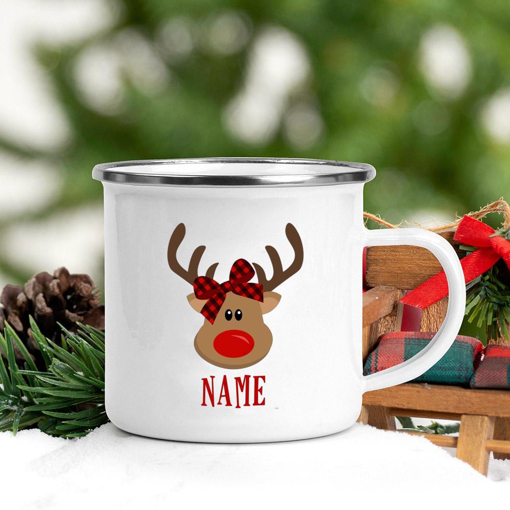 Personalized Mug Custom Deer with Name Cup Christmas Party Drink Hot Cocoa Juice Cups Handle Enamel Mugs Xmas Best Gift for Kids