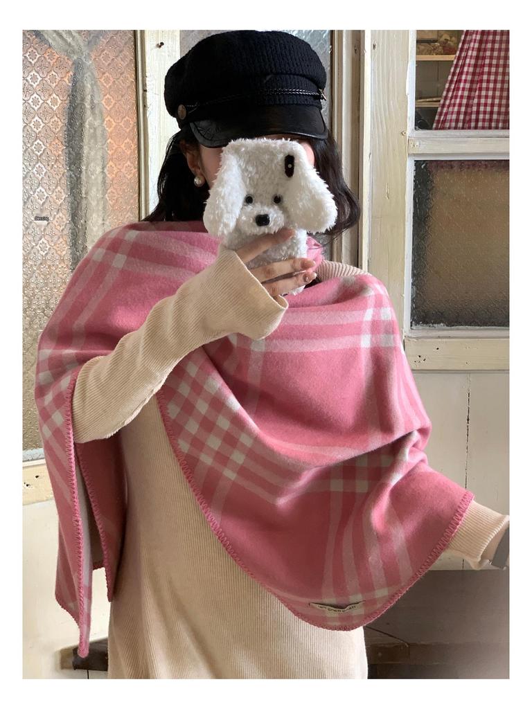 Korean Retro Pink Plaid Scarf for Women - Warm Autumn/Winter Neck Protection Shawl