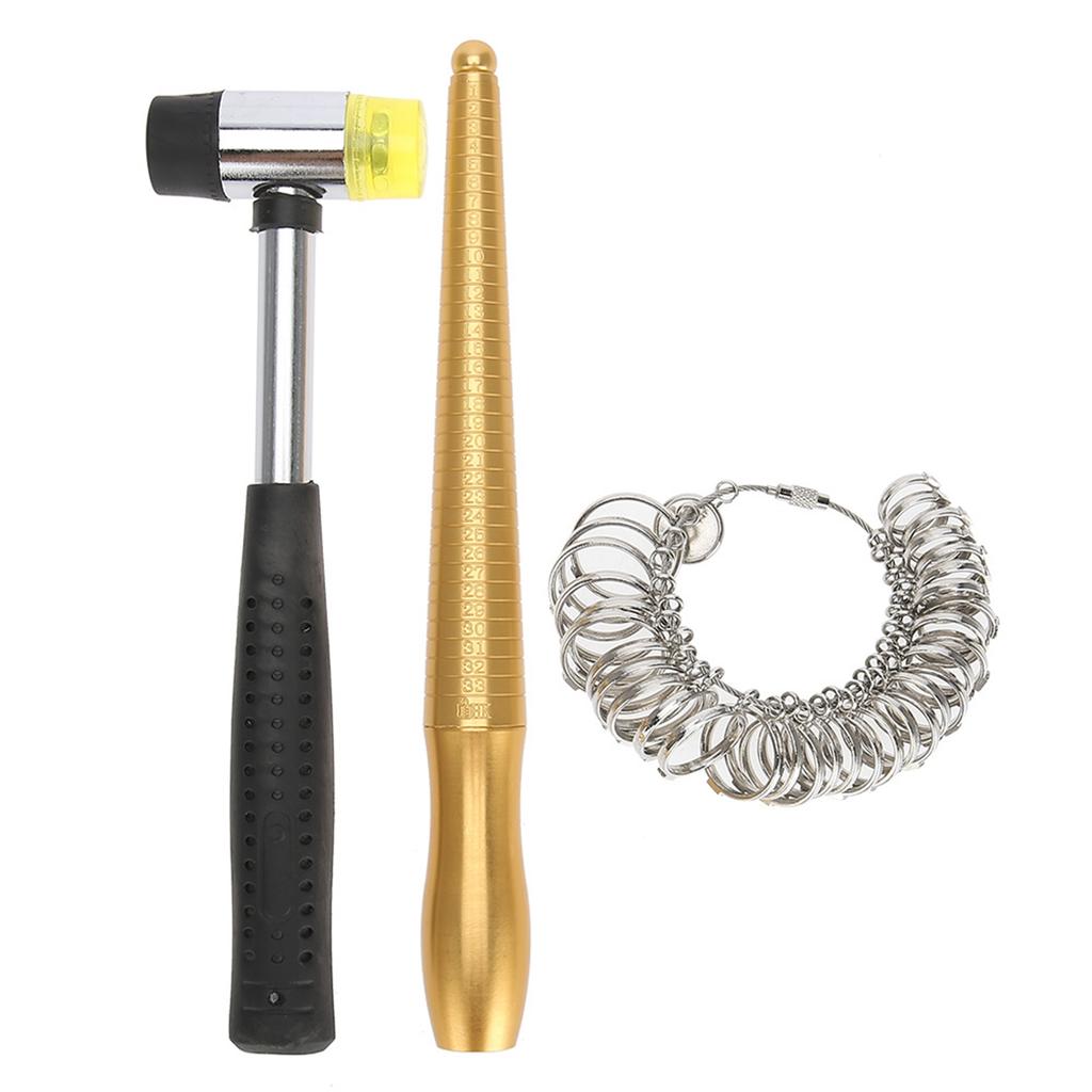 3pcs / Set Ring Mandrel Sizer Finger Measuring Stick Handle Hammers Jewelry Tool