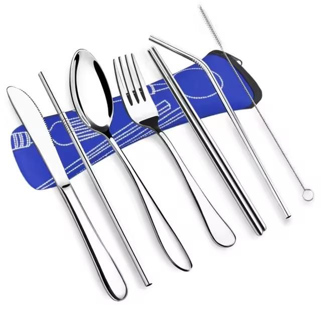7pcs/ Set Stainless Steel Tableware Set Outdoor Portable Cloth Bag Knife Fork Spoon Chopsticks Straw Rich Flowers Seven Sets