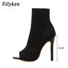 Eilyken Spring Design Ankle Boots Women Peep Toe Knitted Stretch Fabric Booties Sexy Cut-Out Stilettos High Heels Shoes