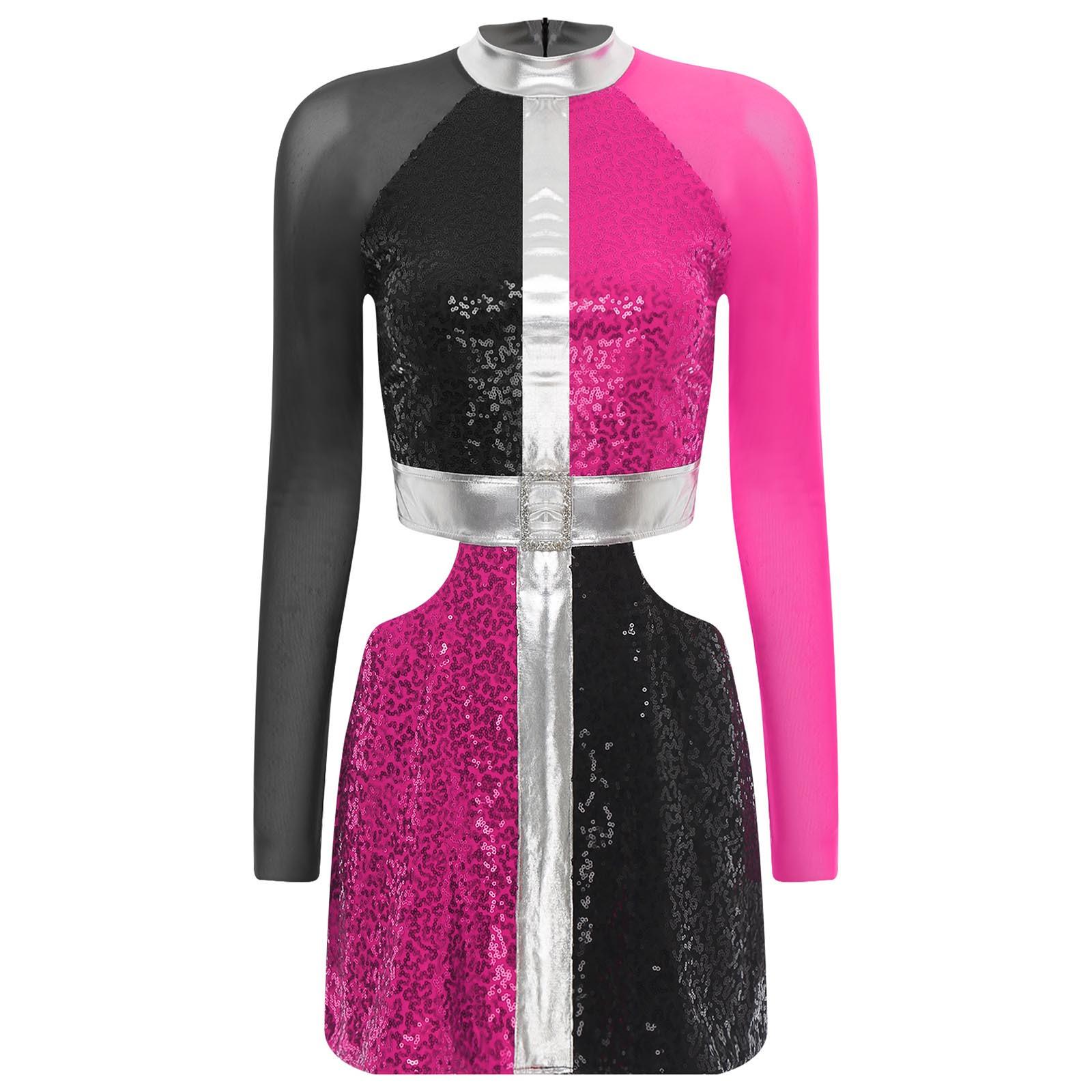 

Жіноча ретро міні-сукня 60-х з блискітками, з вирізами, паєтками, довгим рукавом, для вечірки, нічного клубу 3XL гарячі рожевого кольору