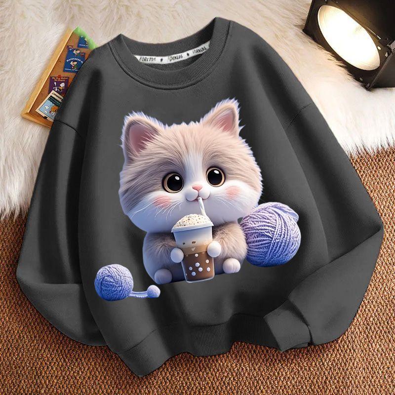 Cute Milk Tea Cat Round-neck Sweatshirt for Children, Fashionable Long-sleeved Casual Sweatshirt for Boys and Girls in Spring and Autumn