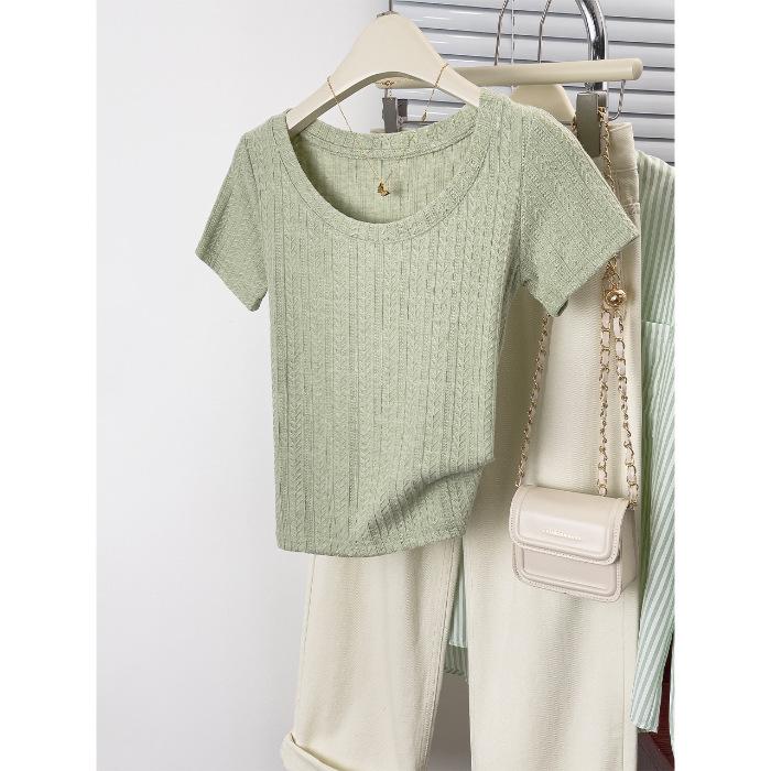 

8097 #No price reduction u-neck short-sleeved t-shirt women s clavicle-exposed thin age-reducing short top XL