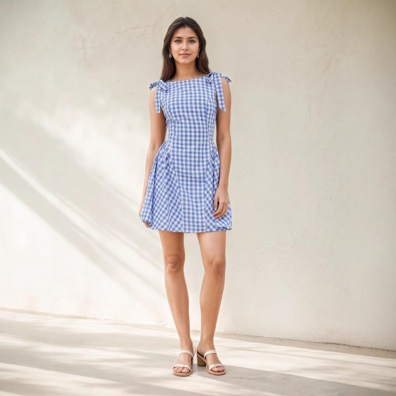 A Women's Fashionable and Elegant Checkered Striped Strappy Dress