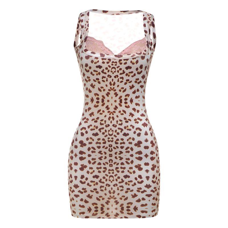 

# Sisjuly# Цветочный пейзаж Милый маленький дикий леопард Розовое кружево Контрастная строчка Леопардовый принт Облегающий комбинезон-майка для женщин Leopard print M