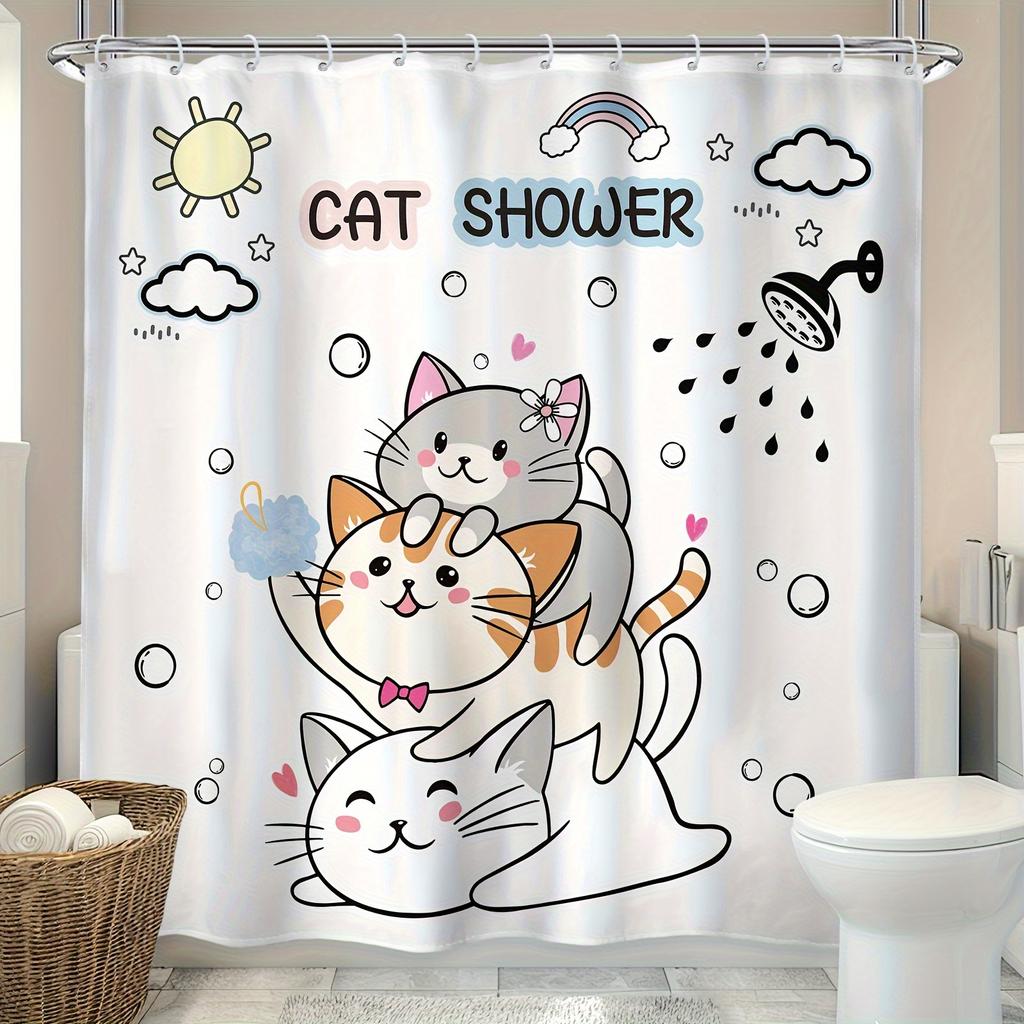 Cute Cartoon Cat Shower Curtain - Funny Kitten Design with Sun, Cloud & Rainbow, Waterproof Polyester, 12 Plastic Hooks