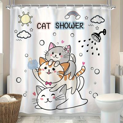 Cute Cartoon Cat Shower Curtain - Funny Kitten Design with Sun, Cloud & Rainbow, Waterproof Polyester,  12 Plastic Hooks