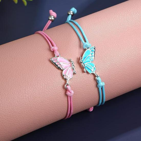 2Pcs/Set Couple Bracelet Adjustable Wax Rope Butterflies Pendant Friendship Love Bracelet with Blessing Card Bestie Matching Jewelry