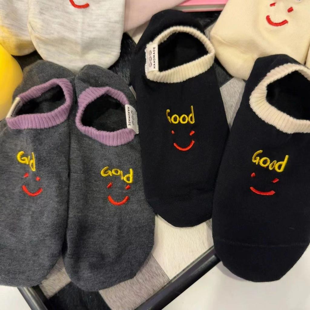 Cloth Label Socks Early Spring Embroidery Smiley Face Letters Do Not Fall Off The Boat Socks Korean Fashion Cute Invisible Socks Cotton