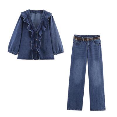 European and American Women's Fashion: Casual Layered Denim Shirt & Belt with Low-Waisted Wide-Leg Jeans