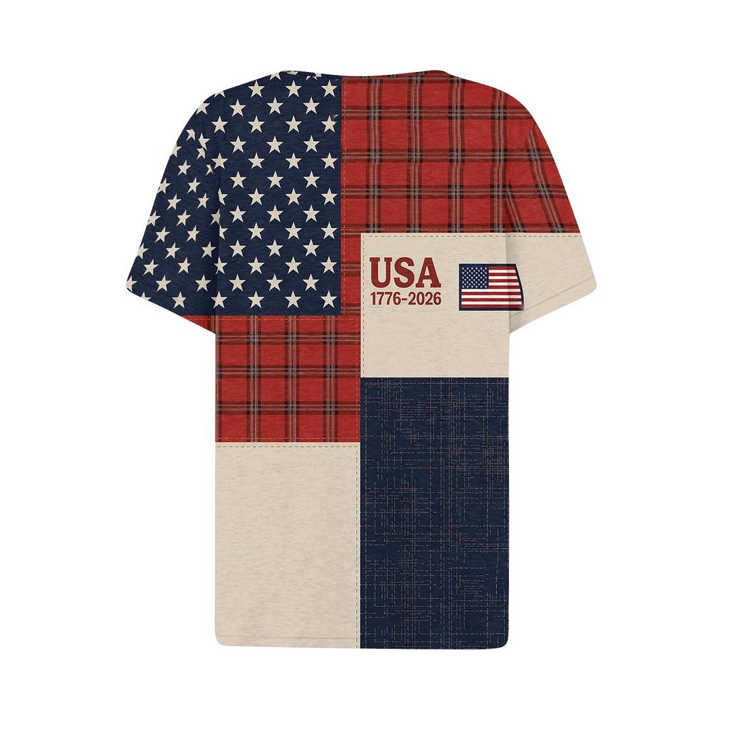 Women's Fashion Casual Independence Day Print V-Neck Short Sleeve Button-Up T-Shirt Top