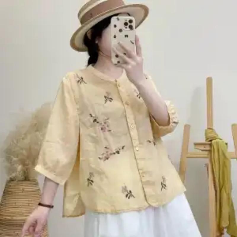 Cotton and Linen Women's New Round Neck Printed Versatile Three-quarter Sleeve Top Thin Heavy Embroidered Shirt