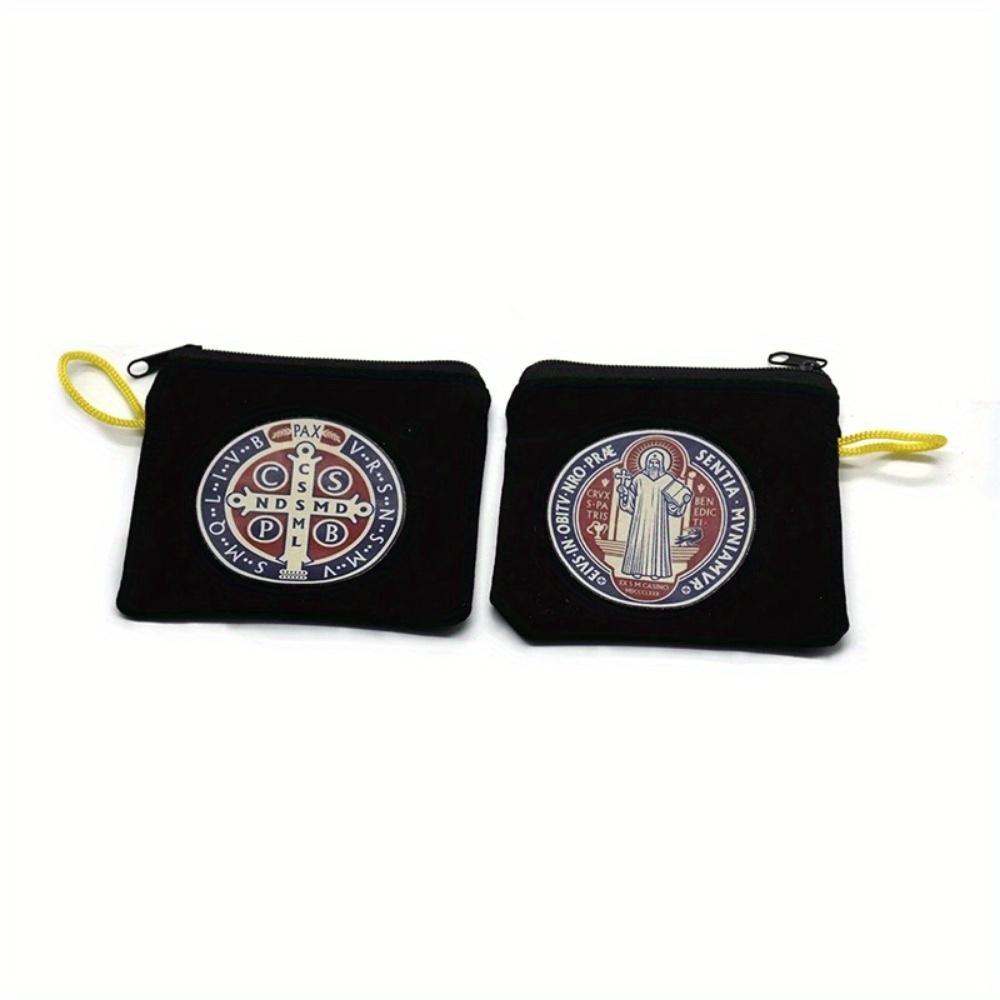 2pcs Saint Benedict Color Print Black Velet Zipper Rope Rosary Necklace Storage Bag
