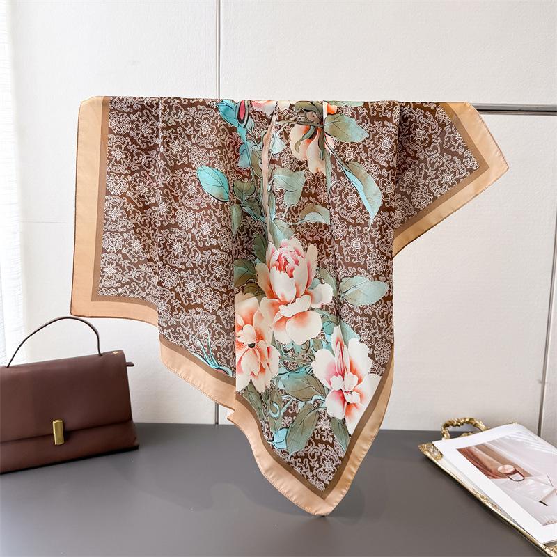 Sweet National Style Printing Simulation Silk Scarf Square Scarf High-End Shawl Versatile Neck Small Square Scarf Headscarf Scarf Women
