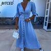 Fashion Summer Spring Solid Color Print Short Sleeve V-Neck Casual Dresses