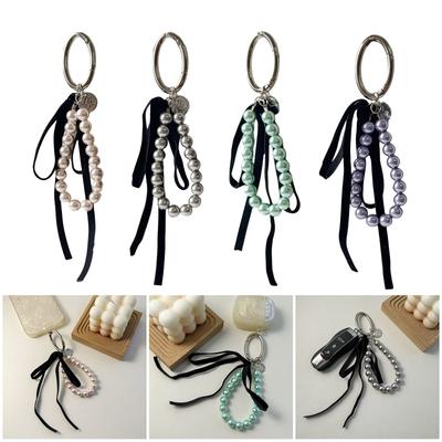 Sweet Lovely Ribbon Bowknot Pearls Keychains Pendant Hangings Ornament Keyring Backpack Decoration for Women Girls