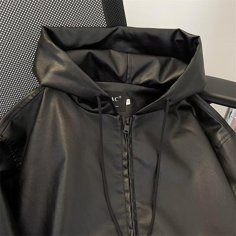 Short and wide hooded leather jacket men's spring and autumn cleanfit American ruffian handsome high-end silhouette loose PU leather jacket