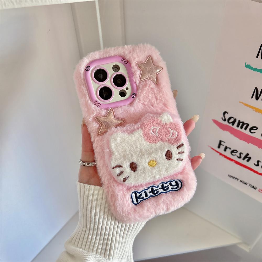 Lindo Soporte de Cámara con Pelo Esponjoso 3D de Hello Kitty Funda para Teléfono Para iPhone 13 14 17 15 16 Pro Max 17 Air Funda Protectora Antigolpes