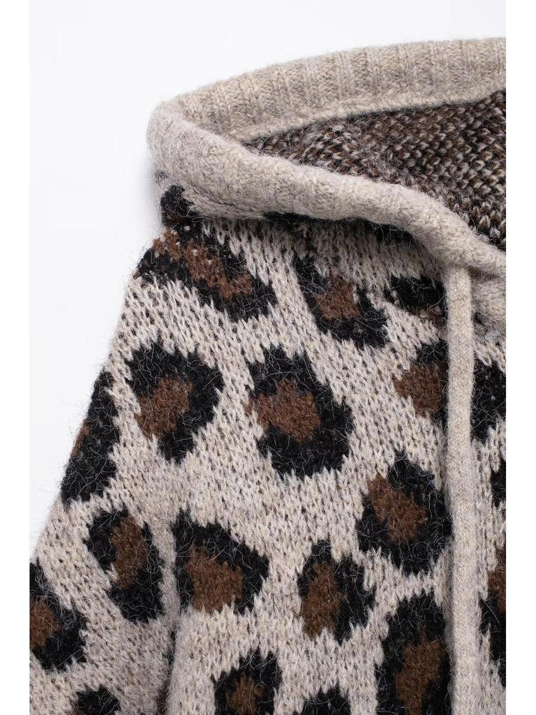 Women's Leopard Print Hooded Knit Sweater - Winter 2024 European and American Style