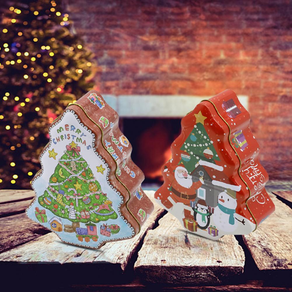 Christmas Santa Claus Print Gift Can Metal Christmas Tree-shaped Candy Tin Box Cookie Can Candy Organizer Xmas Decor