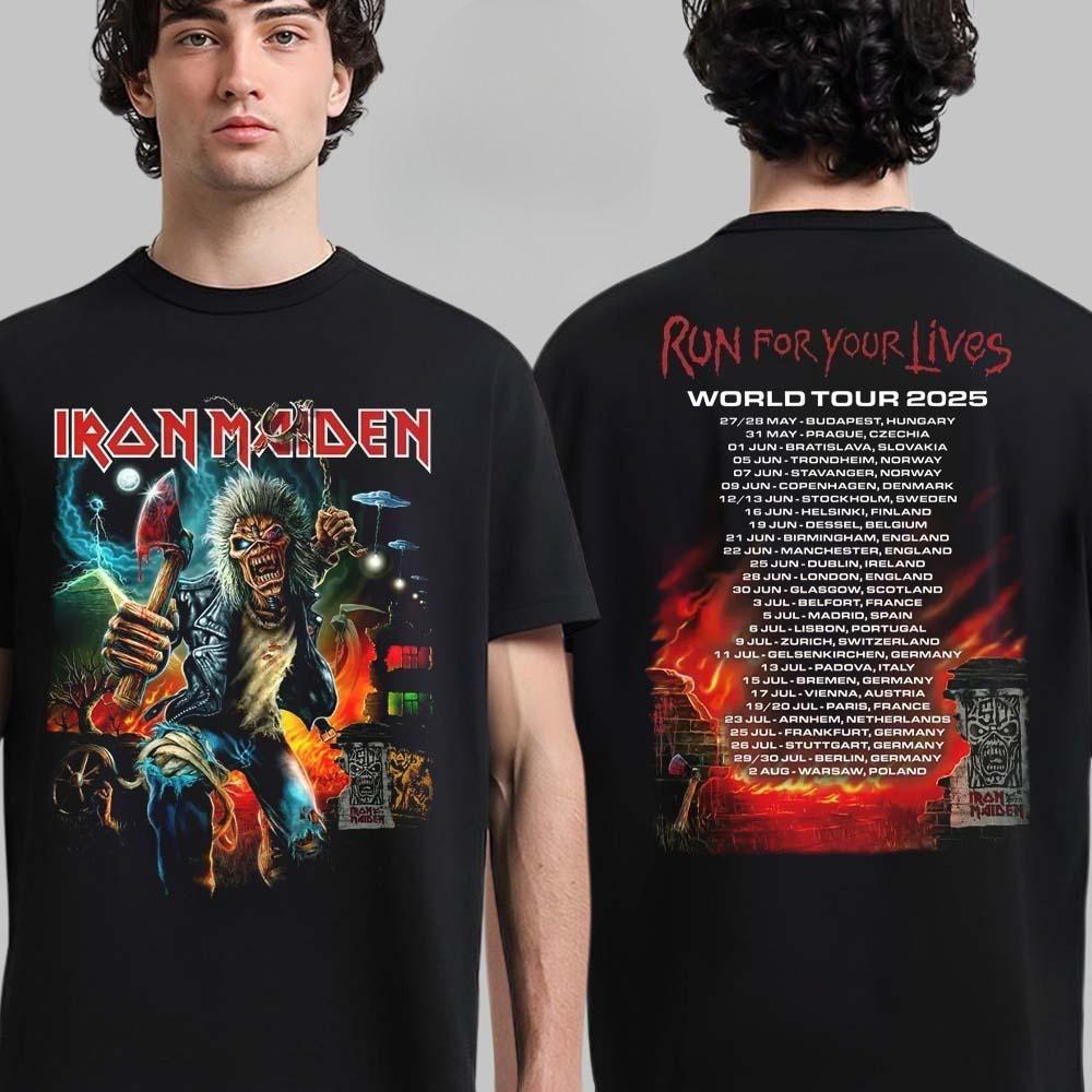 Rare Ir Maiden Eddie's Dive Bar Charged with Trooper 2026 Run for Your Lives World Tour Merch Two Sided Unisex T-Shirt