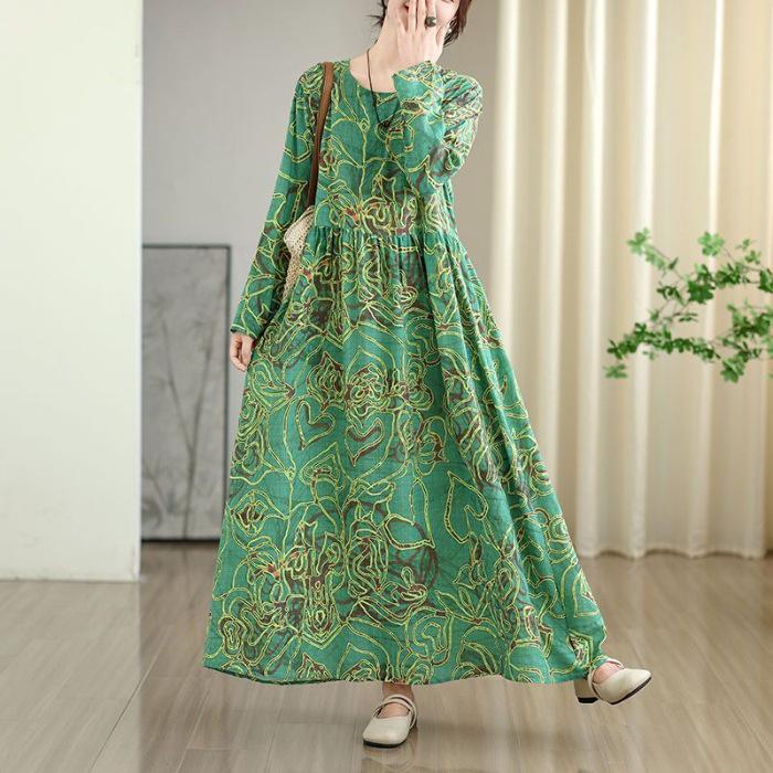 

Plus Size Retro Floral Print Long Sleeve Dress for Spring & Summer XL зелёный