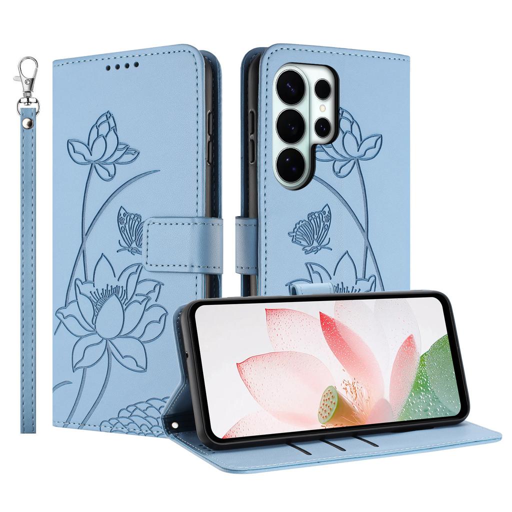 For Samsung Galaxy S26 Ultra Case Wallet Stand Lotus Imprint Leather Phone Cover with Wrist Strap