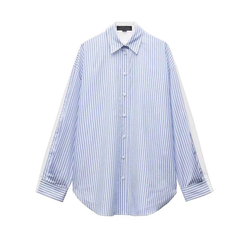 Spring New Women's Clothing Patchwork Pleated Design Cotton Stripes Poplin Loose Long Sleeves Shirt 5063015