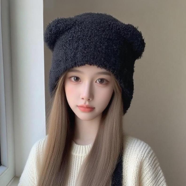 Women'S Fluffy Bear Knitted Beanie - Autumn Winter Thickened Warm Hat With Ear Protection, Cute Fuzzy Winter Cap For Women