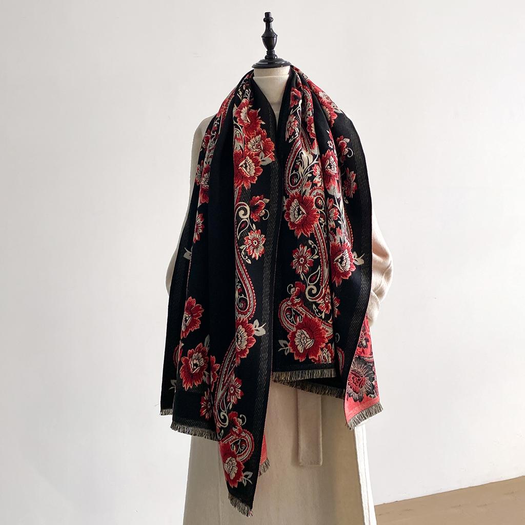 Thickened Luxury Imitation Cashmere Scarf for Women – Ultra Soft Winter Jacquard Wrap Shawl with Elegant Flower Patterns