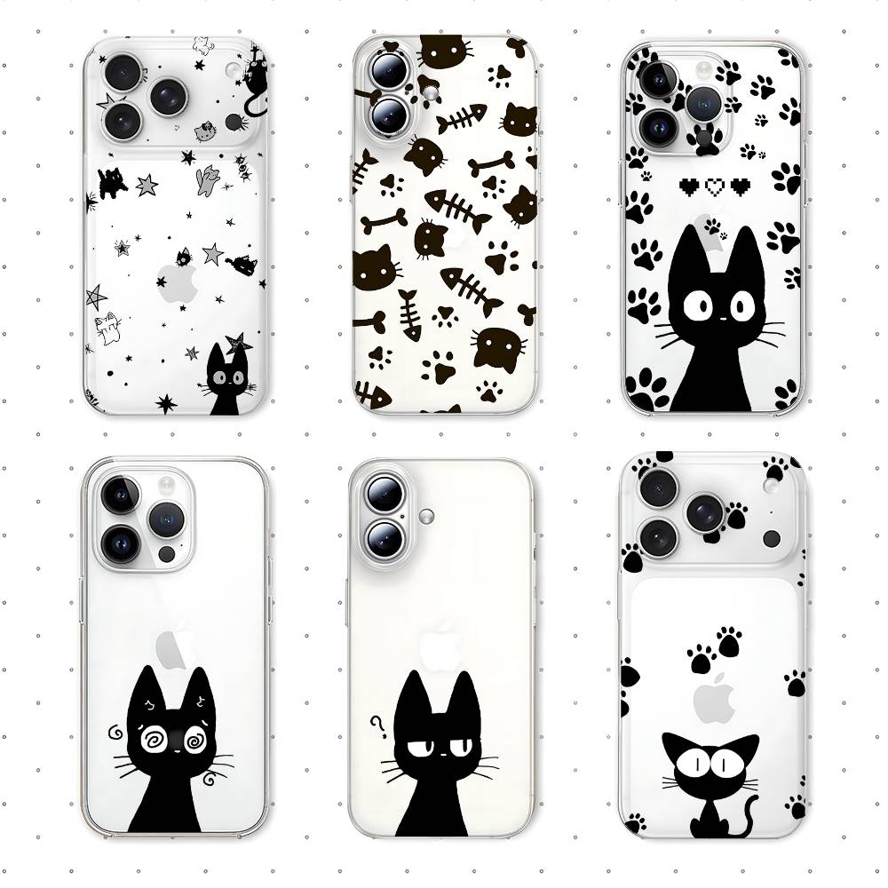 B-Black Cat Phone Case For Iphone17 16 15 11 13 14 Pro Max 7 8 Plus X Xr Xs Max Se2020 12mini Transparent Cov