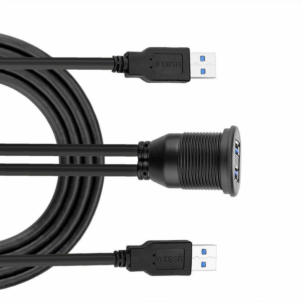 Dual USB Jack Recessed Socket Adapter 1M Cable Connector Extension Car Auto Flush-mounted Cable Set