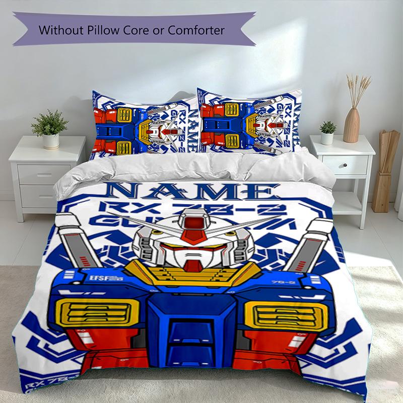 3pcs Custom Name Mobile Suit Gundam Set,Includes 1 Duvet Cover and 2 Pillowcases,All-season Bedroom Decor