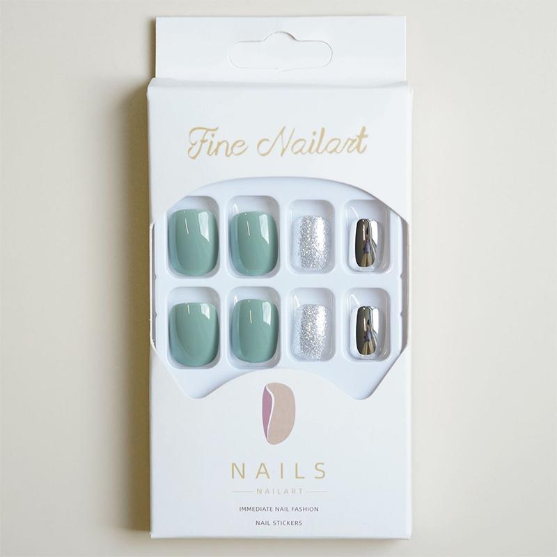 

28 шт./коробка Французские короткие накладные ногти с гелевым клеем Зеленые Серебристые Носимые Накладные Ногти Искусственные Съемные Накладные Ногти Арт