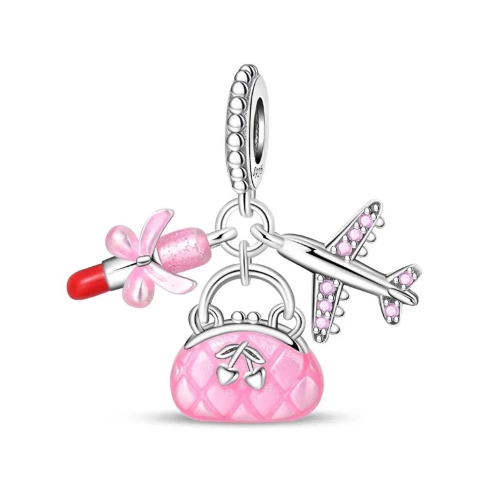 925 Silver Pink Blossom Dangle Charm Butterfly Heart Flower Rose Bird Bead For DIY Necklace Bracelet Fine Jewellery