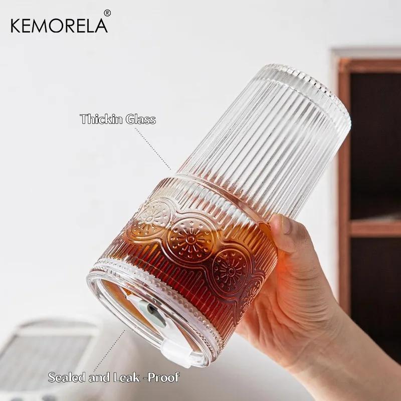1/2PCS 600ML Floral Glass Tumblers Coffee Cup With Lid and Straw Transparent Drinking Glasses for Juice Coffee Mugs Drinkware